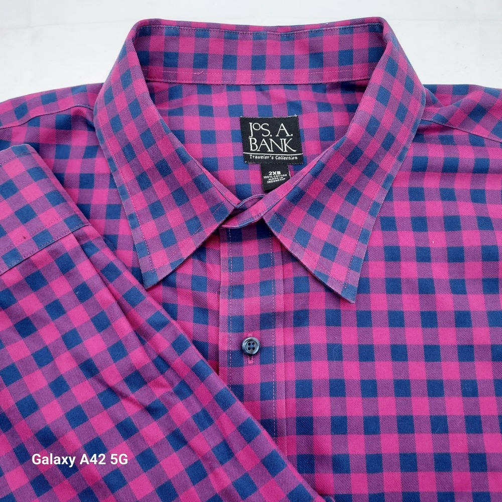 Jos A Bank Travelers Collection Shirt Mens 2XB Pink Blue Gingham Check Cotton